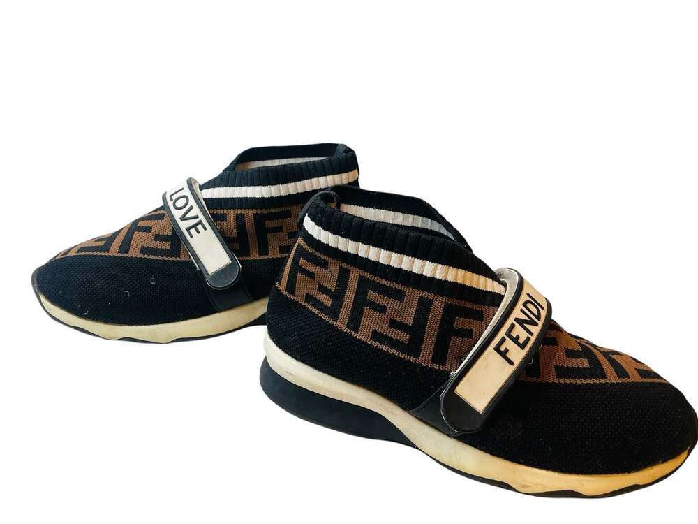 Fendi FF Motif Logo Rockoko Knit Slip-On Sneakers with Love and Fendi Straps Siz